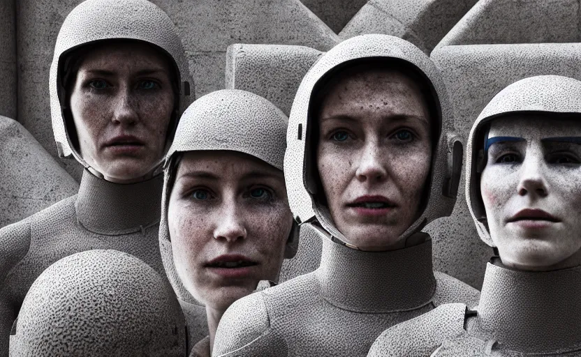 Image similar to cinestill 5 0 d photographic portrait by helen levitt of a group of android women wearing rugged black mesh techwear in a cement maze, extreme closeup, modern cyberpunk, minimalism, dust storm, 8 k, hd, high resolution, 3 5 mm, f / 3 2, ultra realistic faces, intricate detail, ex machina