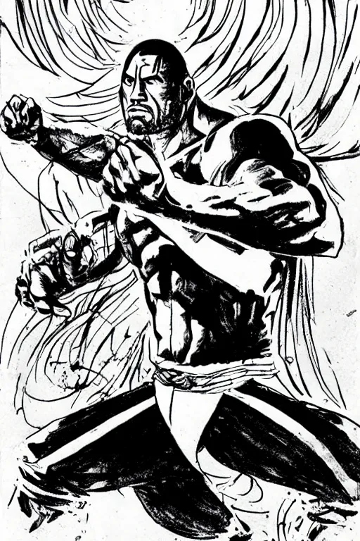 Prompt: a Manga ink drawing of Dwayne Johnson as a kung fu fighter in the style of Katsuhiro Ottomo.