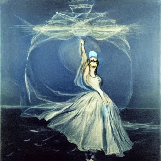 Image similar to Marie Antoinette levitating over the sea. El Greco, Remedios Varo, Salvador Dali, Carl Gustav Carus, John Atkinson Grimshaw. Blue tint. Symetrical, logo, geometric shapes.