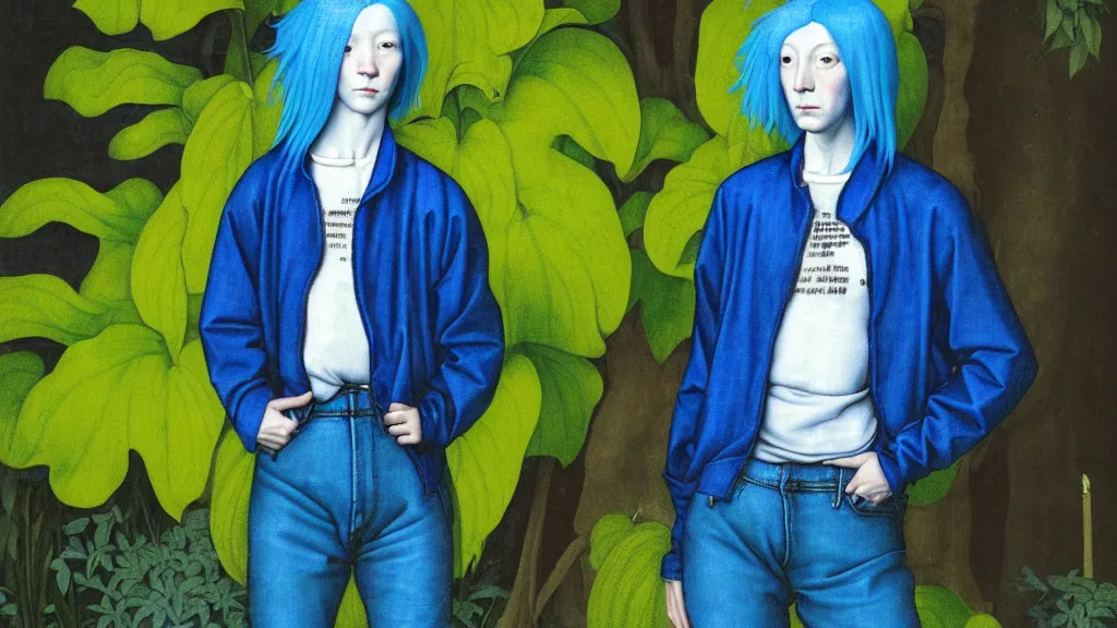 Prompt: portrait of a androgynous woman with blue hair, wearing a jeans jackets, a high collar t - shirt and baggy jeans, in the style of rogier van der weyden and jacopo da pontormo, standing in a botanical garden, bjork aesthetic, masterpiece, cyberpunk, asian art