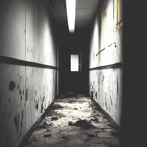 Image similar to dark hallway, dim lighting, water dripping from ceiling, broken walls