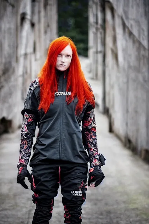 Image similar to beautiful red haired british woman in techwear, techwear look and clothes, hyper-maximalist, highly-detailed and intricate, ACRNYM, Errolson Hugh, Y3, trending on r/streetwear, outfit photo, we see them from head to toe