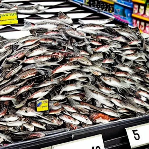 Image similar to pile of dead fish on supermarket checkout, very detailed