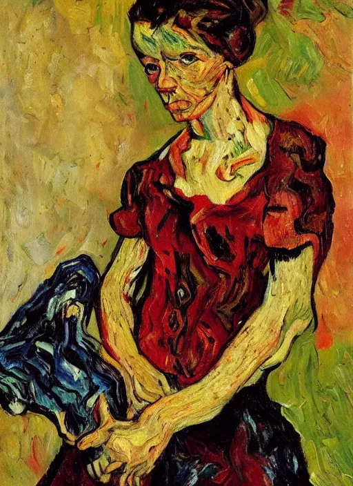 Image similar to an oil painting of a woman looking distressed, intense eyes, in a red dress posing with meat in expressive style of Van Gogh, Chaim Soutine and Frank Auerbach, complimentary palette of maroon alizarin and dark gray greens