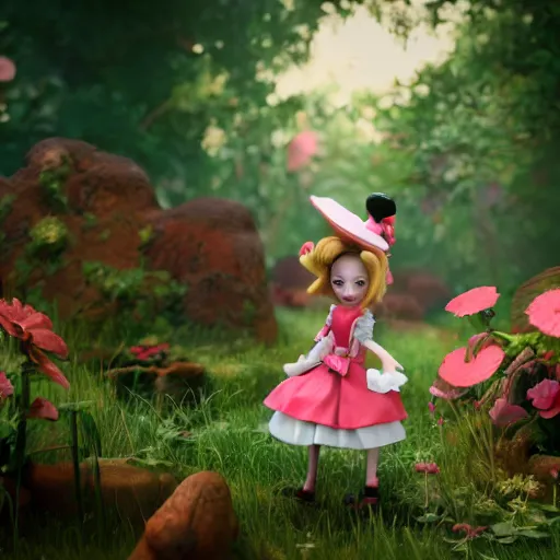 Image similar to alice, doll figurine, alice in wonderland theme, octane render 8 k, disney inspired landscape, artstation, cinematic lighting, hd, ultra realistic