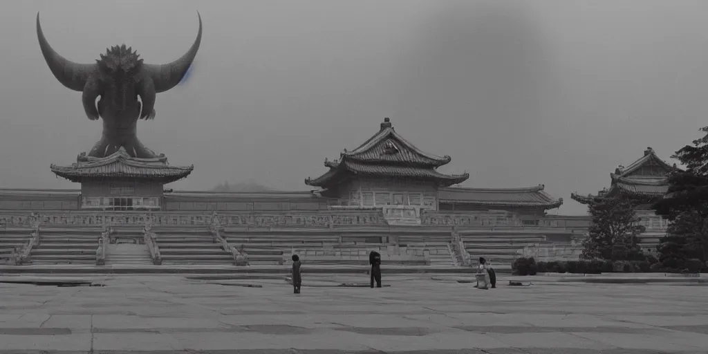 Image similar to light coming out of one bull - like kaiju starfish monster, korean film noir, korean traditional palace, pyongyang city, 1 9 6 0 s, red color bleed, 4 k, video compression, video glitch, monochrome, akira kurosawa, mamoru oshii, wes anderson, stanley kubrick