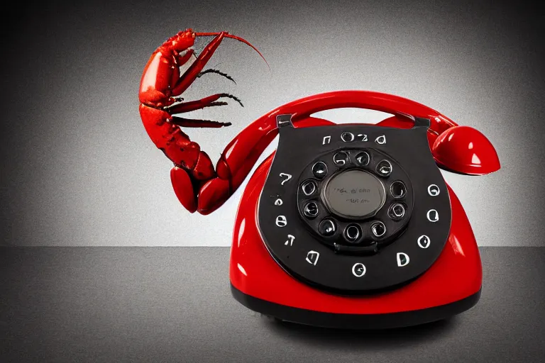 Prompt: commercial product photography advertisement for Salvador Dali’s Lobster Telephone, a black Rotary telephone with a red painted plaster lobster for a handle, Rear lighting, commercial studio lighting