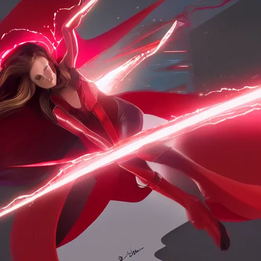 Image similar to still of scarlet witch creating a barrier around herself, photorealistic art style, futurism aesthetic, artstation, cgsociety contest winner