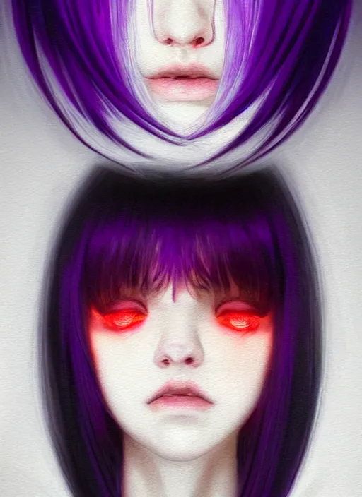 Image similar to hair whitebangs hair, black hair, whitebangs, portrait of teenage girl with white bangs, red irises, purple clothes, white bangs, bangs are different color from hair, intricate, elegant, glowing lights, highly detailed, digital painting, artstation, concept art, smooth, sharp focus, illustration, art by wlop, mars ravelo and greg rutkowski