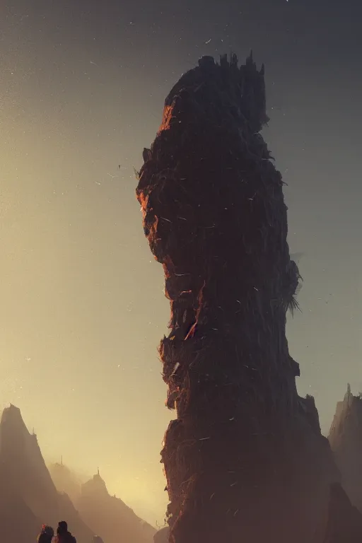 Image similar to A small person standing before a giant by Greg Rutkowski, beeple, Sung Choi, Mitchell Mohrhauser, Maciej Kuciara, Johnson Ting, Maxim Verehin, Peter Konig, final fantasy, macro lens, 35mm, 8k photorealistic, cinematic lighting, HD, high details, dramatic, dark atmosphere, trending on artstation