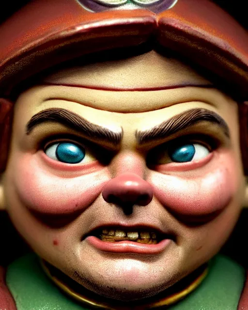 Image similar to highly detailed closeup, face profile portrait of a tin toy leonardo dicaprio as a medieval goblin eating cakes in a castle, hyper realistic, artstation, illustration, nicoletta ceccoli, mark ryden, lostfish, dan decarlo, bob clampett, max fleischer, digital paint, matte paint, vivid colors, detailed and intricate environment