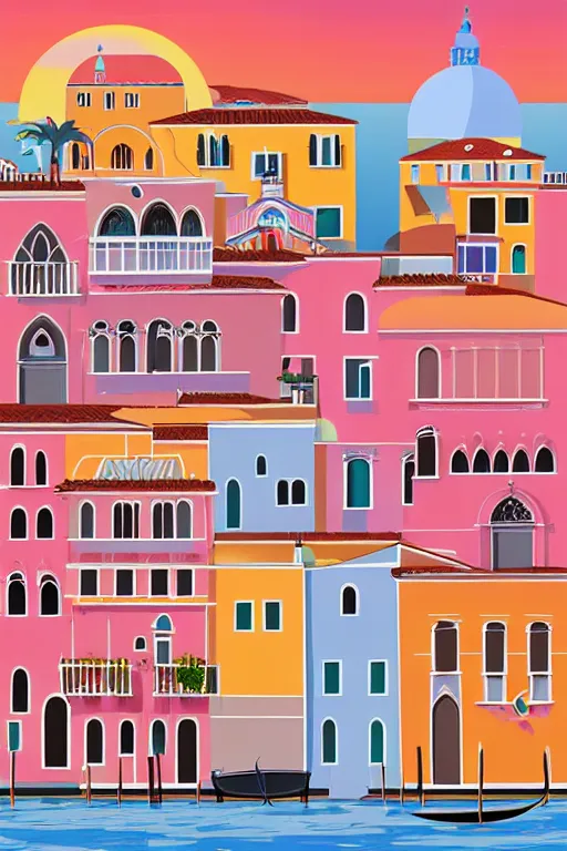 Prompt: minimalist boho style art of colorful venice at sunrise, illustration, vector art