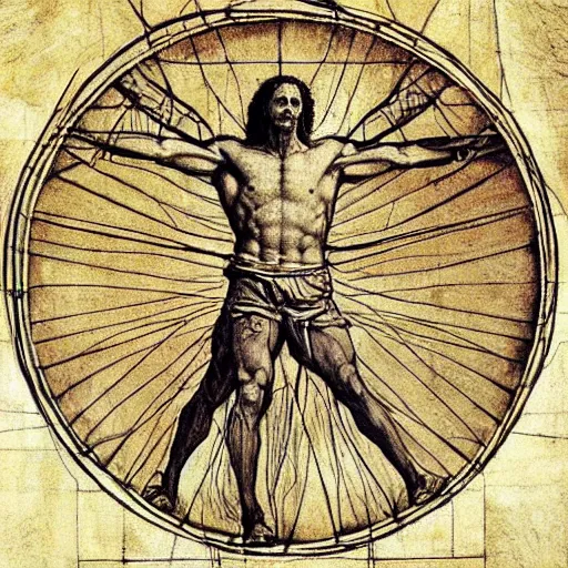 Image similar to Michael Jordan as the Vitruvian Man by leonardo da vinci, detailed, 8k, realistic, intricate blueprint in the style of Franz Xaver Winterhalter