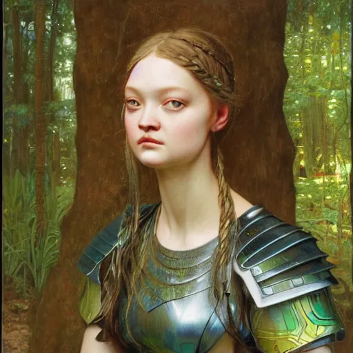 Image similar to a detailed, beautiful portrait oil painting of someone who looks an 1 8 - year old gemma ward, with a hurt expression, wearing intricate, full - plate iridescent armor in an ancient forest, by donato giancola, john williams waterhouse, and william adolphe bouguereau
