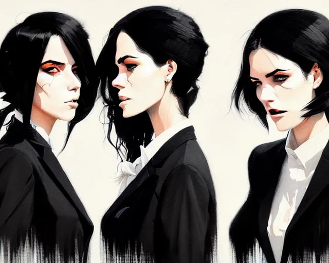 Image similar to a ultradetailed portrait painting of three women in black suits, by conrad roset, greg rutkowski and makoto shinkai trending on artstation