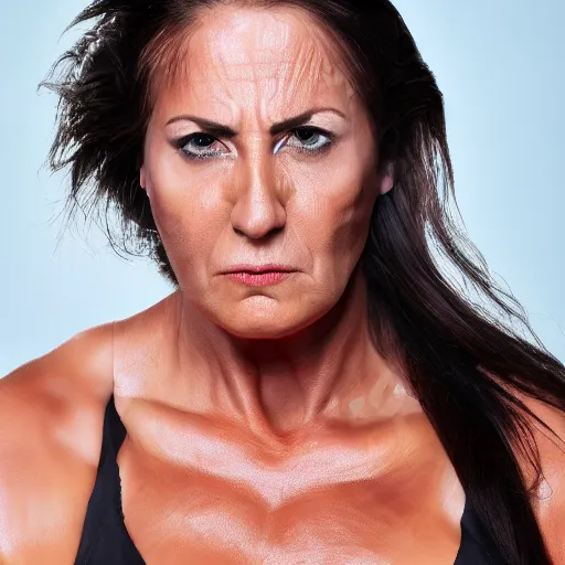 Image similar to uhd, high resolution photography of woman, genetic combination of hulk hogan and donald trump face and upper body, body focus