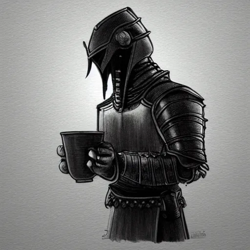Prompt: a knight drinking a cup of tea, trending on artstation