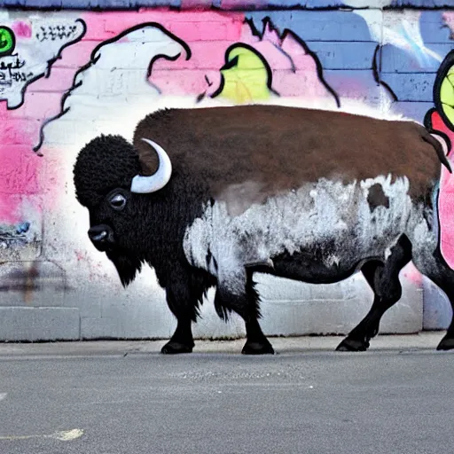 Prompt: a buffalo covered in flour in the middle of the street, graffiti art