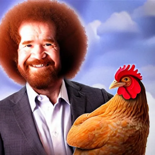 Image similar to bob ross holding a chicken on mars,