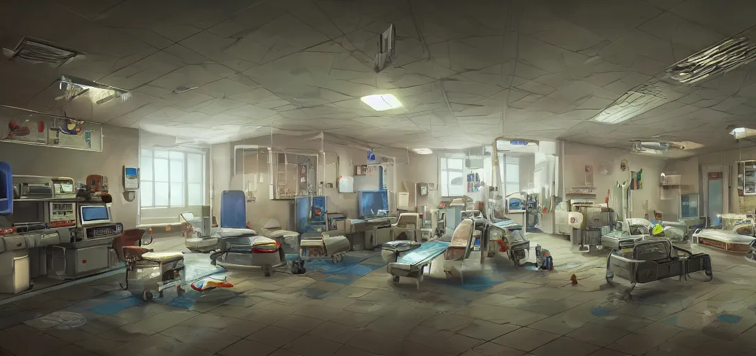 Image similar to retro hospital concept art, 8 k photorealistic, hd, high details, trending on artstation