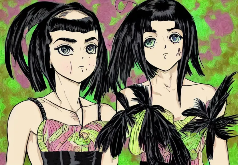 Image similar to beautiful little girl with a short black haircut wearing a dress made of black feathers, artwork in jojo bizarre adventure art style, anatomically perfect