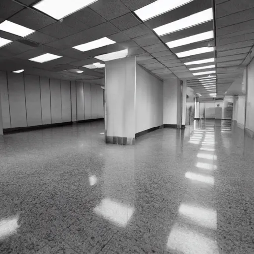 Prompt: Beautiful soft liminal Photograph of an infinite infinite unused office hallway from the 90s, water on the floor