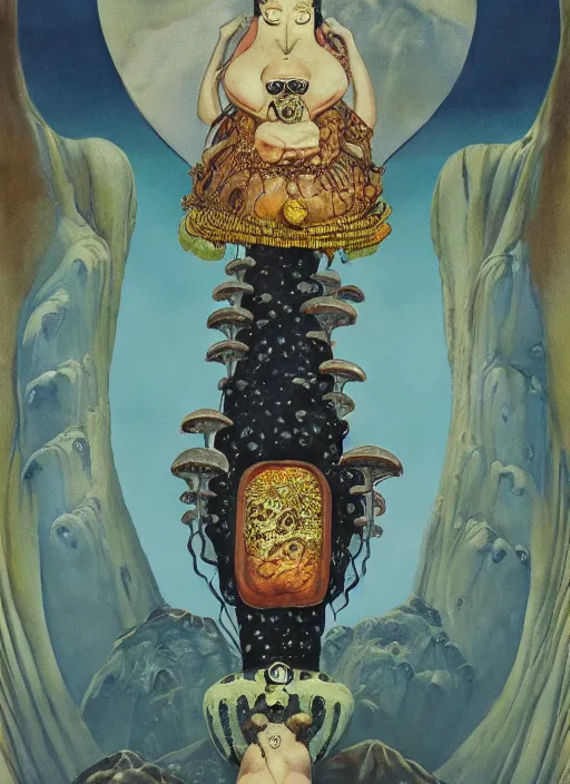 Image similar to a queen on top of a giant tardigrade retro japanese monster slimy leather, oil painting, 7 0 s vintage art, by georgia o keeffe, by kay nielsen, by gustave dore, by frank frazetta, nausicaa