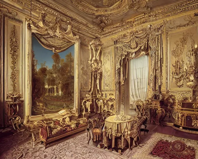 Image similar to photo of rococo interior, hyperrealism, extreme detail, intricate, elegant, highly detailed, sharp focus