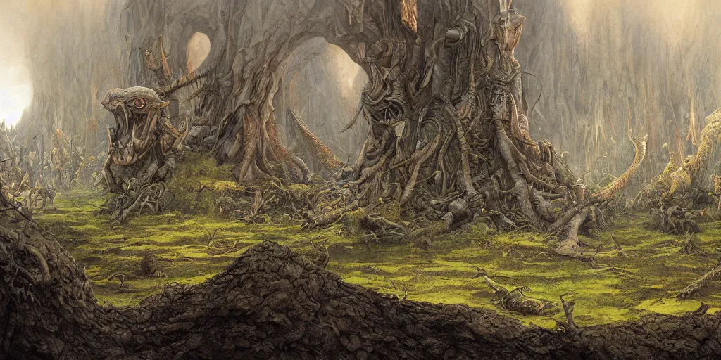 Image similar to Artwork by John Howe of the cinematic view of Hunting Grounds of the Unspeakable