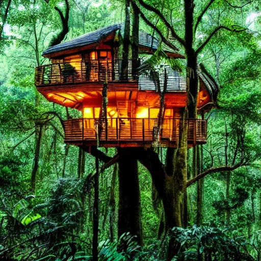 Prompt: a treehouse in a lush jungle during a thunderstorm in the night