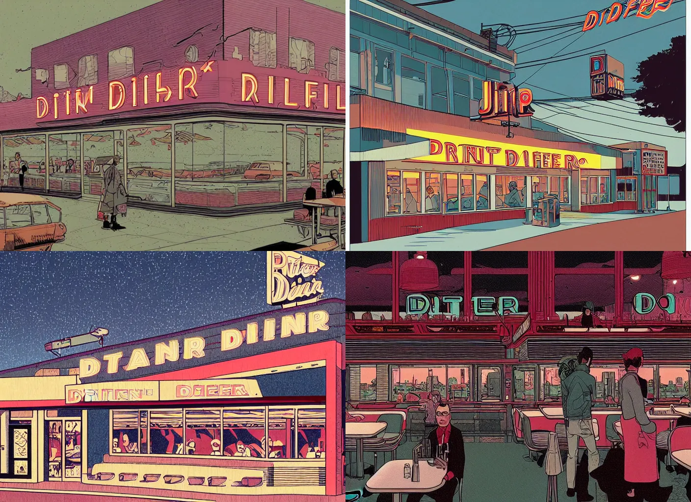 Prompt: Establishing shot of RR Diner from Twin Peaks comic artwork by Tomer Hanuka, intricate, flat, simple details, high detail