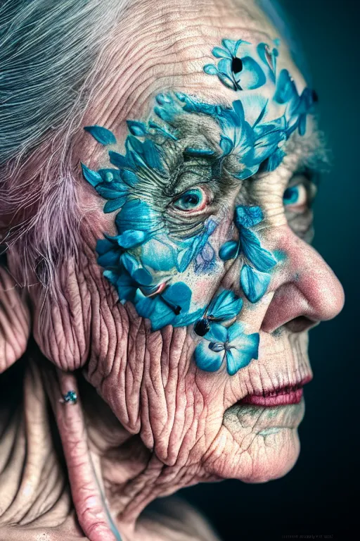 Prompt: hyperrealistic hyper detailed close-up side portrait of old woman covered in rococo flower tattoos matte painting concept art hannah yata very dramatic dark teal lighting low angle hd 8k sharp 35mm shallow depth of field