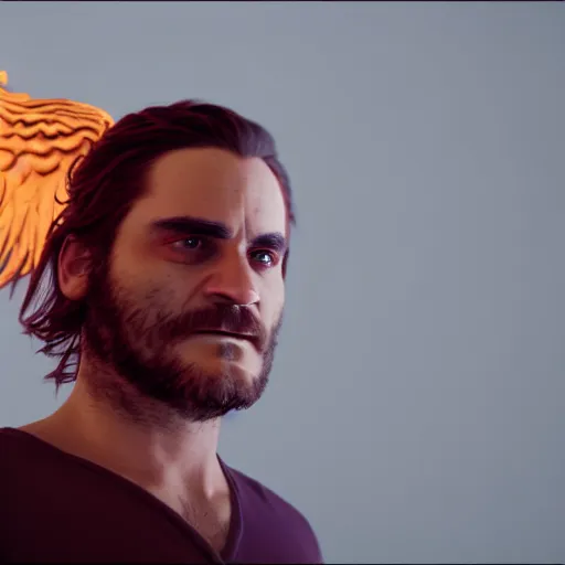 Prompt: picture joaquin phoenix as a mythical phoenix, photorealism, octane render, unreal engine 5, light transport simulation