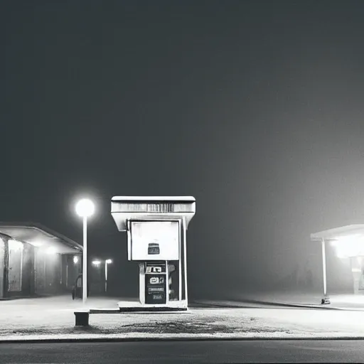 Image similar to “soviet gas station, fog, night, atmospheric lighting, red lights, digital photography”