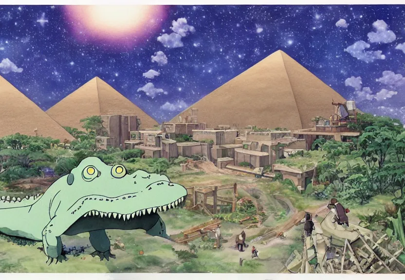 Prompt: a hyperrealist watercolor concept art from a studio ghibli film showing a giant beige mechanized crocodile from howl's moving castle ( 2 0 0 4 ). a pyramid is under construction in the background, in the rainforest on a misty and starry night. a ufo is in the sky. by studio ghibli