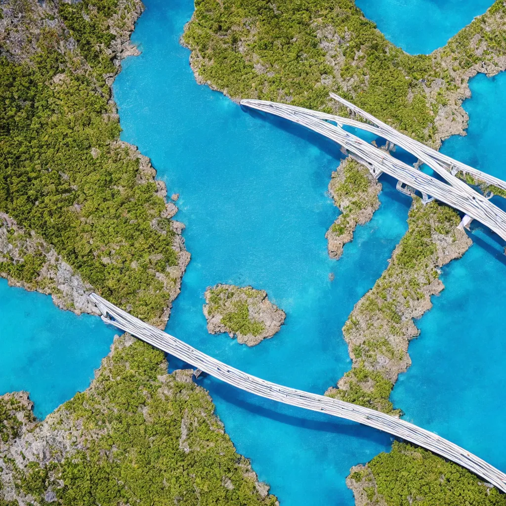 Image similar to single lane bridges winding over wide ocean of bright blue water, birds eye view