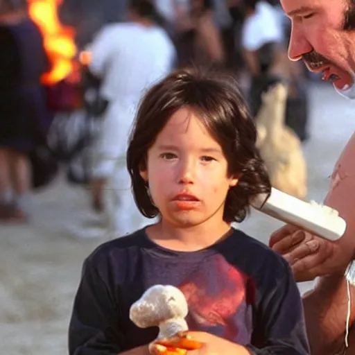 Image similar to keanu reeves dressed as a baby smoking a hot dog at burning man