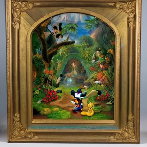 Image similar to mickey mouse entering the garden of eden, oil painting, masterpiece