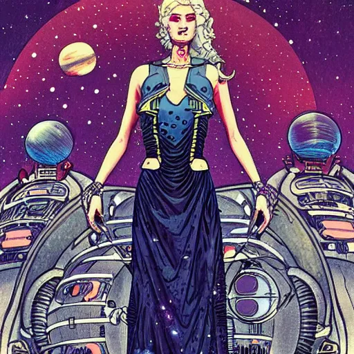 Prompt: dead princess in flowing long dress, in space, broken spaceship in background, futuristic, hi-tech details, style jean giraud, hyperdetailed, dark colors