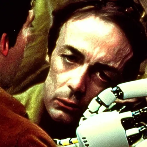 Prompt: a man and a robot in a moment of jealousy, movie still, film still, Movie by Andrzej Zulawski