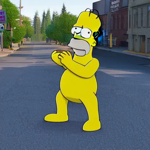 Image similar to photo of homer simpson as a human being on a street, not yellow, face shaped like homer simpson, photorealistic, 8 k, unreal engine