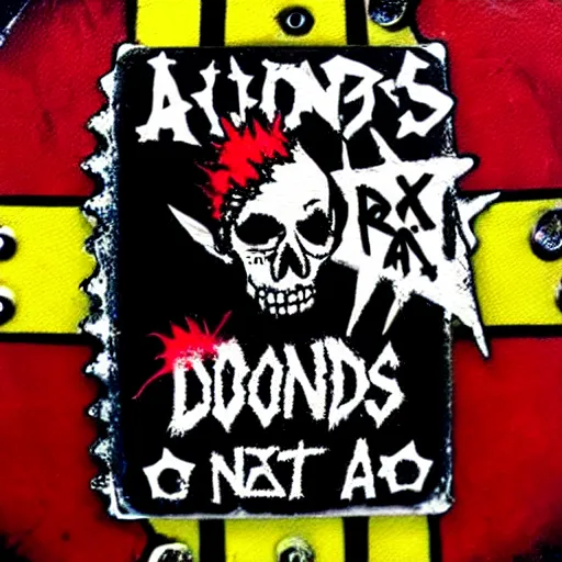 Image similar to painting on a badge, punks not dead!, exploited!!, clash, junk yard, rats!!, god save the queen, punk rock album cover art style, grunge, no future