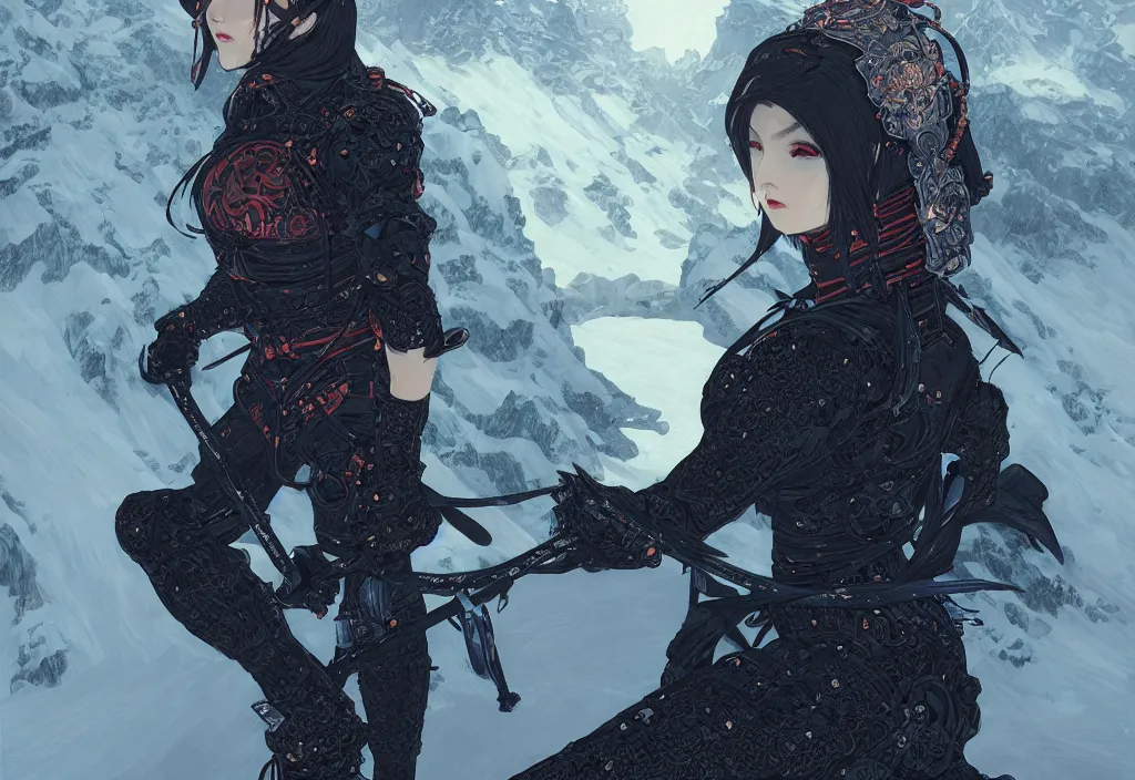 Image similar to portrait ninja gaiden girl, armored black reflective vests ninja wardrobe, at snowy fuji mountain fallen night, ssci - fi and fantasy, intricate and beautiful and detailed, digital painting, artstation, concept art, smooth and sharp focus, illustration, art by tian zi and wlop and alphonse mucha