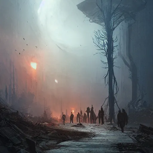 Prompt: few people in a post apocalyptic earth as seen by greg rutkowski, dark theme, enchanted, warm colors, high quality, waw, trending on artstation