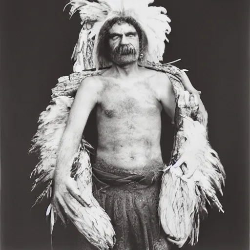 Prompt: a feathered man holding a log, large format film photo by richard avedon