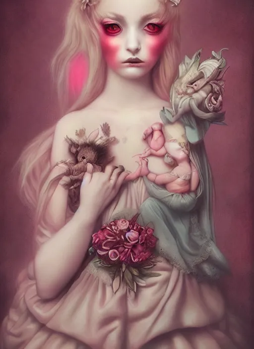 Image similar to pop surrealism, lowbrow art, realistic cute seductive female painting, romantic gown, hyper realism, muted colours, rococo, dorian clevenger, natalie shau tom bagshaw, mark ryden, trevor brown style,