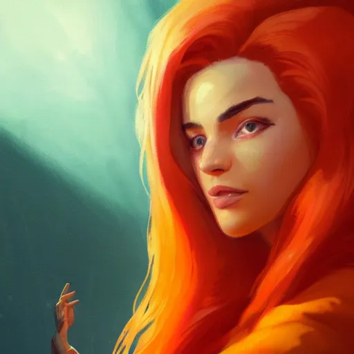 Image similar to portrait of beautiful woman with flaming orange hair, maya ali mage, gloomhaven, dynamic lighting, gaudy colors, octane render aesthetic, matte painting concept art, official fanart behance hd artstation by jesper ejsing, by rhads and makoto shinkai and lois van baarle and ilya kuvshinov and rossdraws