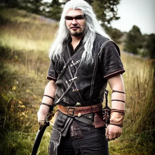 Prompt: a photo of a guy with very long brownish hair, with nerdy glasses and goatee, cosplay of geralt of rivia witcher!