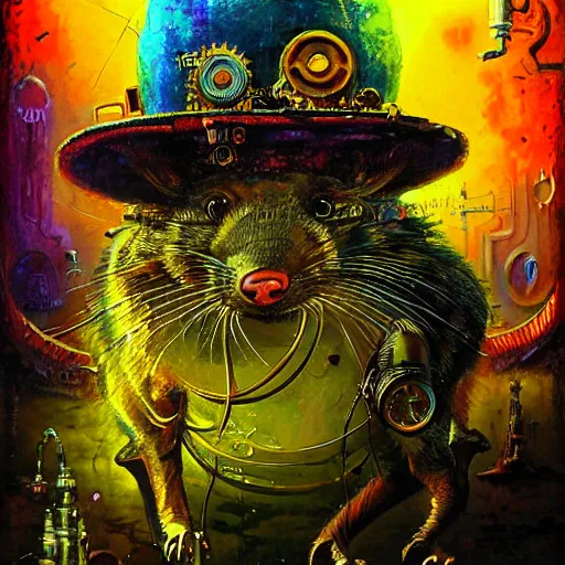 Image similar to steampunk rat, acid, 303, psychedelic, by paul lehr