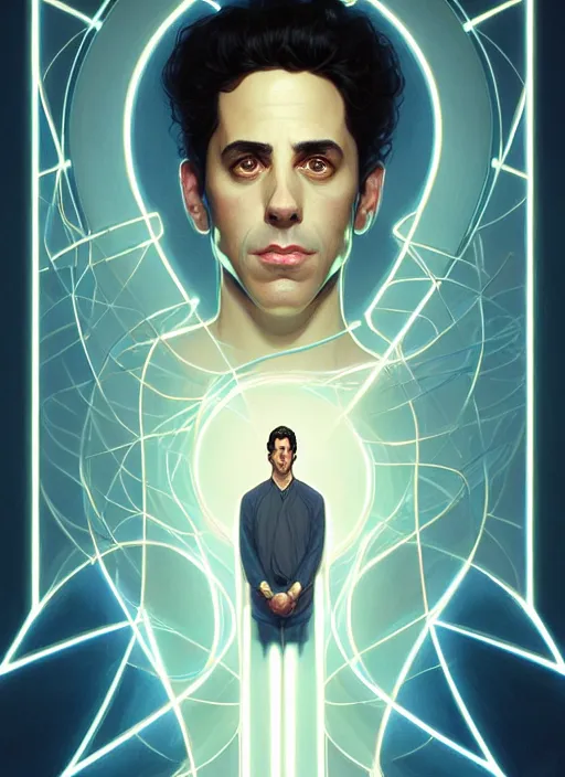 Image similar to symmetry!! portrait of seinfeld, glowing lights!! intricate, elegant, highly detailed, digital painting, artstation, concept art, smooth, sharp focus, illustration, art by artgerm and greg rutkowski and alphonse mucha